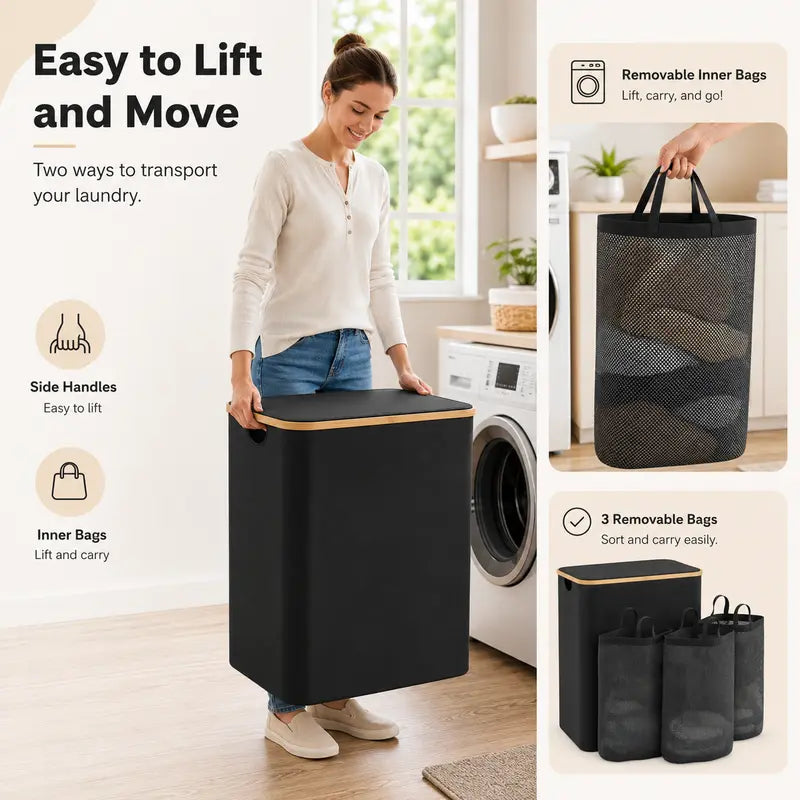 Laundry Basket with Lid, 160LExtra Large Laundry Hamper 3 Section DirtyClothes Hampers