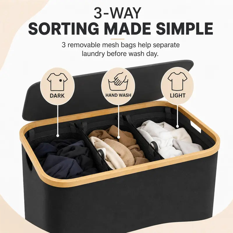 Laundry Basket with Lid, 160LExtra Large Laundry Hamper 3 Section DirtyClothes Hampers