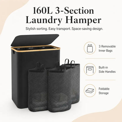 Laundry Basket with Lid, 160LExtra Large Laundry Hamper 3 Section DirtyClothes Hampers