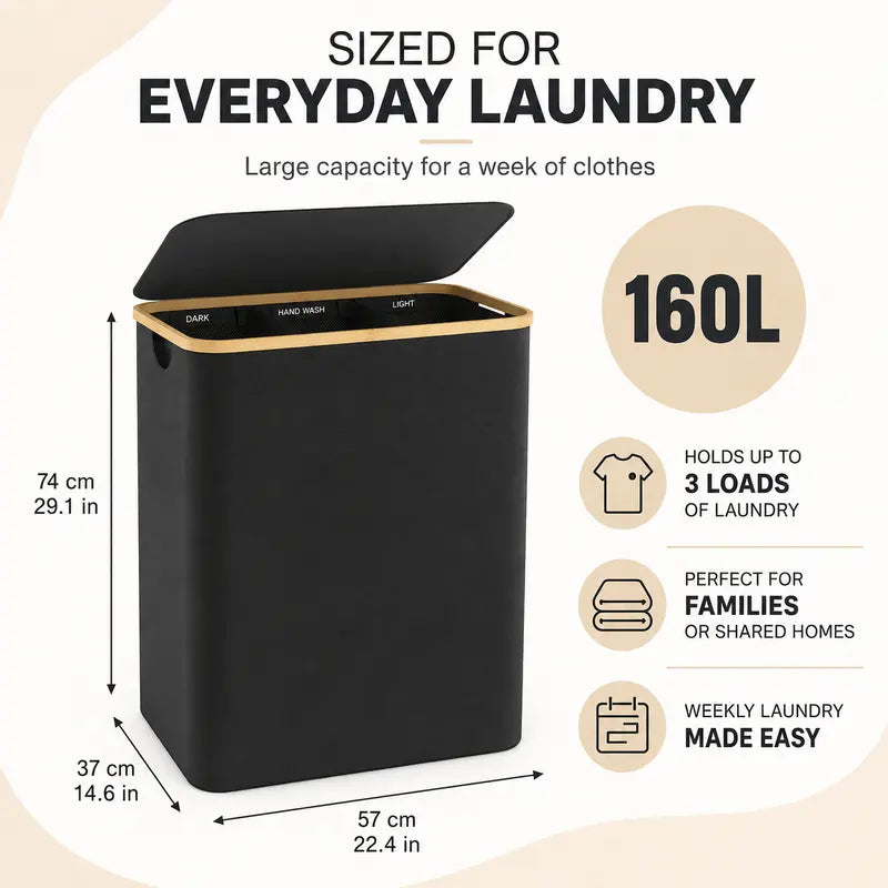 Laundry Basket with Lid, 160LExtra Large Laundry Hamper 3 Section DirtyClothes Hampers